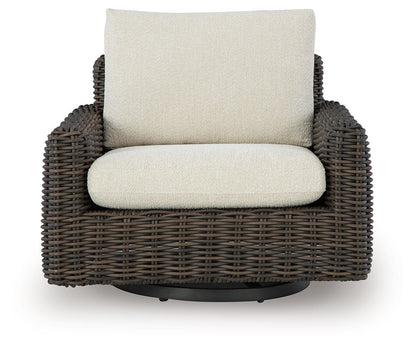 Kimora - 7 Pc. - 4-Piece Outdoor Sectional, Swivel Glider Lounge, Cocktail Table, End Table - Beige / Dark Brown